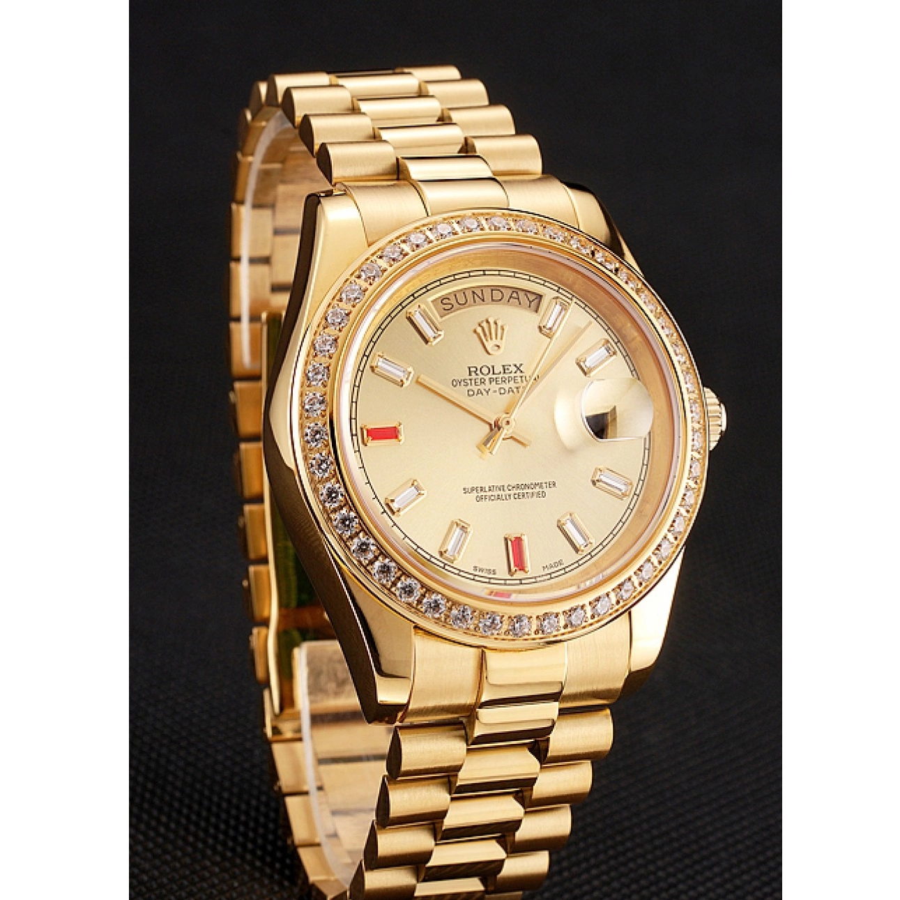 Aaa replica watch Swiss 1454100 And Champagne Bracelet Diamonds Dial Rubies Rolex Day-Date Gold 0709